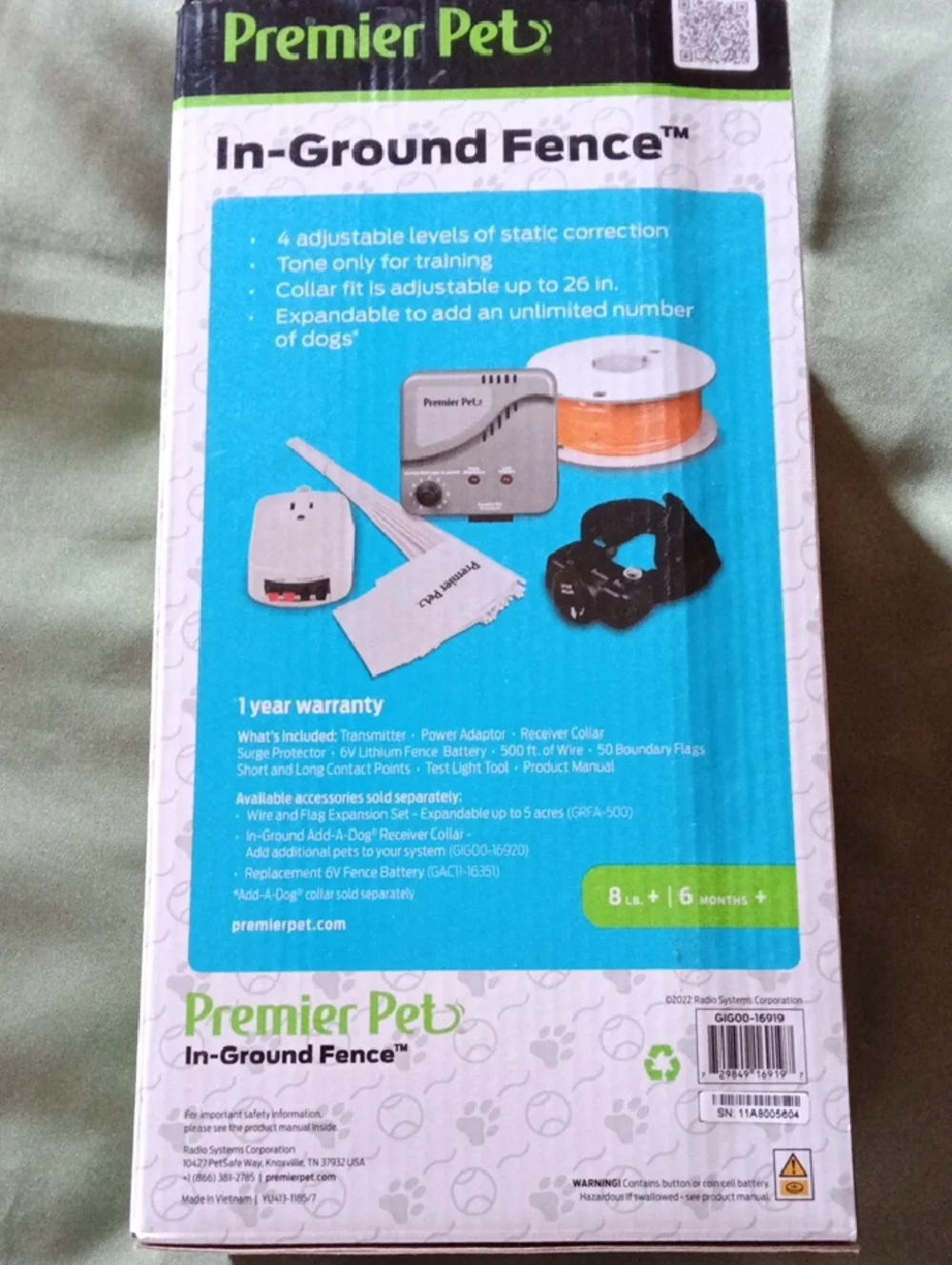 Premier Pet In-Ground Fence Kit — Green, White, Blue Packaging